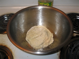 Naan dough in oiled bowl